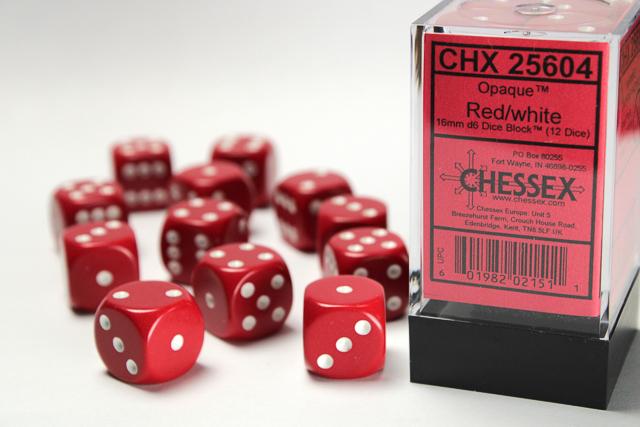 Chessex 25604 - Opaque Red/white 16mm d6 Dice Block (12 dice)