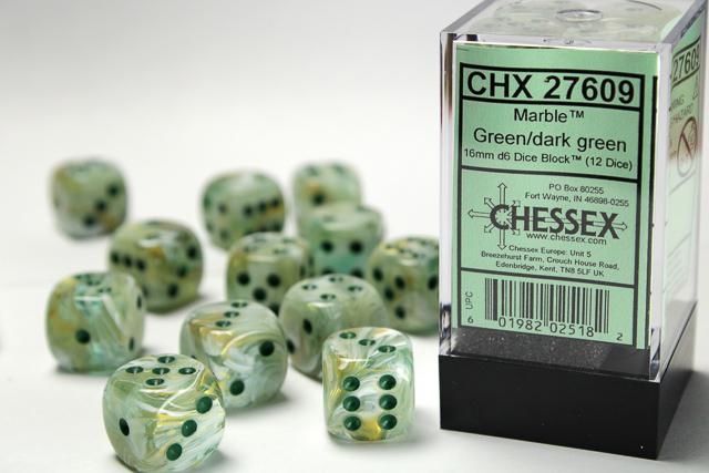 Chessex 27609 - Marble Green/dark green 12mm d6 Dice Block (12 Dice)