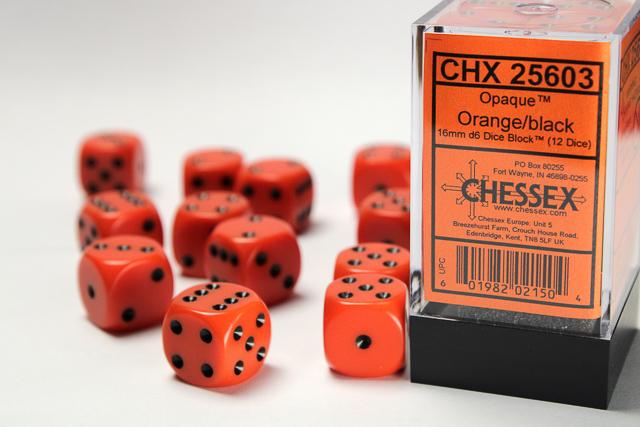 Chessex 25603 - Opaque Orange/black 16mm d6 Dice Block (12 dice)