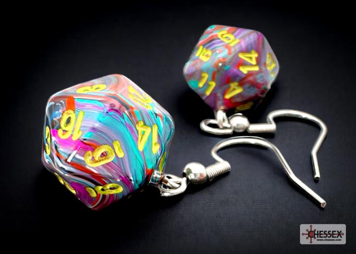 Chessex 54207 - Hook Earrings Festive Mosaic/yellow Mini-Poly d20 Pair